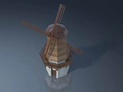 Wooden Swing Door Design For Traditional Windmill With Stone Base And Blades 3d model