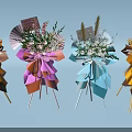 Colorful Flower Bouquets with Pleated Wrapping Pink Blue Yellow Hues Red Blessing Tags on Stands