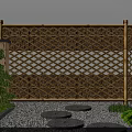 Natural Bamboo Fence with Lattice Pattern in Japanese Garden Stone Path and Pine Tree