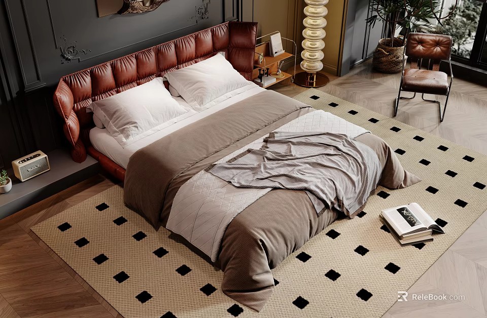 Luxury Double Bed with Leather Headboard and Gray White Bedding on Diamond Pattern Rug 3d model 
