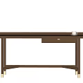 Brown Wooden Desk With Smooth Top Surface Single Drawer And Gold Metal Legs