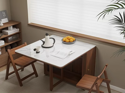 Stylish Dining Table Set With Wooden Chairs White Countertop And Fruit Bowl 3d model