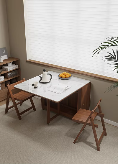 Stylish Dining Table Set With Wooden Chairs White Countertop And Fruit Bowl 3d model