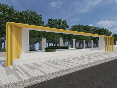 Yellow Modern Canopy with Columns Surrounded by Green Trees and Paved Ground 3d model