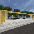 Yellow Modern Canopy with Columns Surrounded by Green Trees and Paved Ground