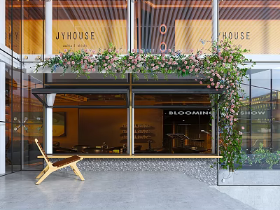 Modern Storefront Facade With Hanging Pink Flowers Glass Curtain Wall And Wooden Chair 3d model