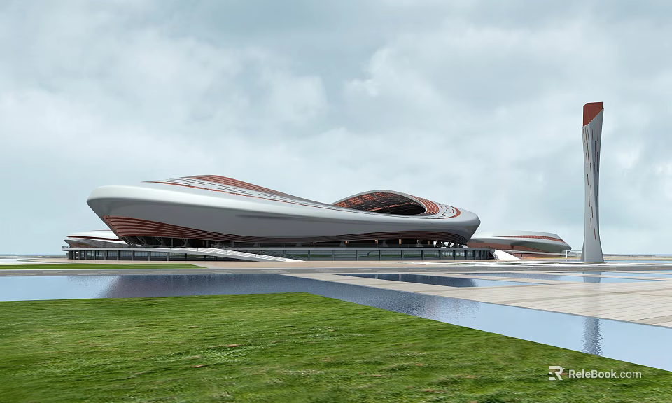 Modern Stadium Building Architectural Design With Streamlined Roof Waterfront Grassland And Iconic Tower 3d model 