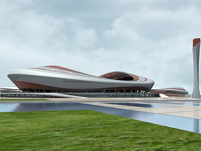 Modern Stadium Building Architectural Design With Streamlined Roof Waterfront Grassland And Iconic Tower 3d model
