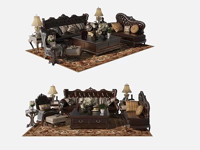 Luxurious Classic Sofa Coffee Table Set With Carved Details Lamps Pillows And Decorative Rug 3d model