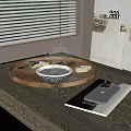 Glass Teapot And Tea Cups In Wooden Tray On Gray Table By Window