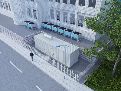 Outdoor Industrial Equipment With Blue Units Near White Building With Fence And Container Structure 3d model