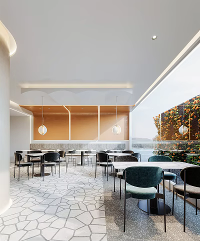 Modern Restaurant Interior With Round Tables Green Chairs And Large Windows 3d model