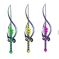 Colorful Fantasy Weapons With Curved Blades Spiral Designs And Gemstone Handles