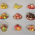 Assorted Fresh Fruits in Ceramic Bowls and Wire Basket Featuring Bananas Apples Tomatoes and Plums