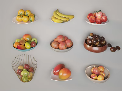 Assorted Fresh Fruits in Ceramic Bowls and Wire Basket Featuring Bananas Apples Tomatoes and Plums 3d model