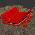 Red Wooden Stool With Slatted Seat And Black Trim On Rough Ground