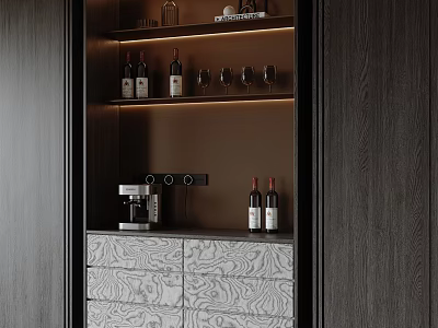 Modern Wine Cabinet With Wine Bottles Glasses Lighting And Storage Drawers 3d model