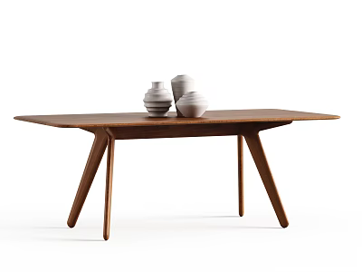 Modern Wooden Dining Table with Minimalist Design and White Ceramic Decorative Bowls 3d model