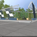 Triangular Architectural Structure With Glass Panels Metal Frame Green Plants And Outdoor Seating