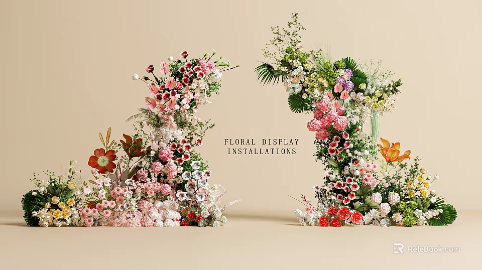 Creative Floral Display Installations With Colorful Fresh Flowers Green Leaves And Elegant Decor 3d model 