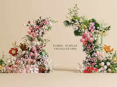 Creative Floral Display Installations With Colorful Fresh Flowers Green Leaves And Elegant Decor 3d model