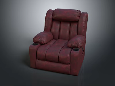 Single Seater Dark Red Leather Sofa With Comfortable Armrests And Cup Holders 3d model