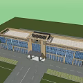 Modern Large Building Exterior Featuring Glass Curtain Wall Symmetrical Design And Front Road Green Area