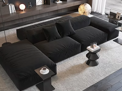 Black Velvet Sectional Sofa With Cushions And Coffee Table Set In Modern Living Room 3d model