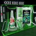 Commercial Retail Showcase With Green Neon Lighting For Heineken Beer Bottles And Promotional Posters