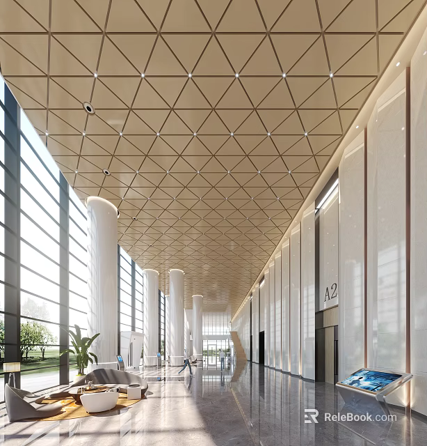 Modern Lobby Reception Area Interior With Geometric Ceiling Large Windows And White Pillars 3d model 