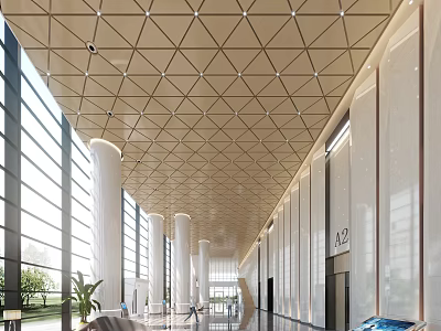 Modern Lobby Reception Area Interior With Geometric Ceiling Large Windows And White Pillars 3d model