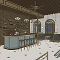 Cozy Restaurant Interior With Wooden Ceiling Pendant Lamps Arched Windows Booth Seating And Bar Counter