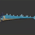 Blue Fish Like Creature With Purple Horns Red Eyes Yellow Spots Spikes And Tentacles