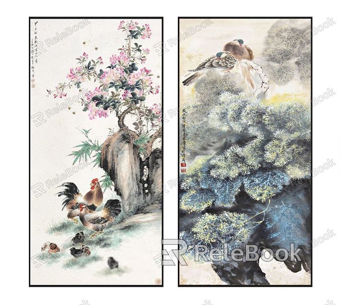 Chinese Plant Painting Elegant Zen Plant Flowers Birds and Poultry Pattern Hanging Painting Combination model