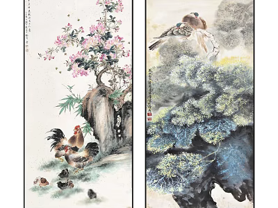 Traditional Chinese Plant Paintings Featuring Flowering Tree Bamboo Pine and Rocks 3d model