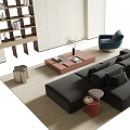 Modern Living Room Black Sofa And Wooden Coffee Table Set With Floor Lamp