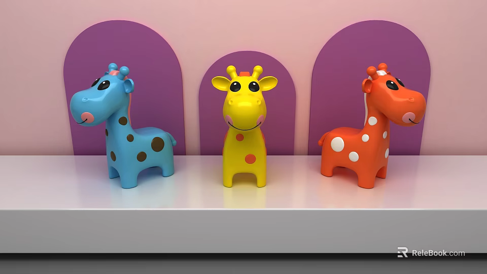 Colorful Giraffe Stuffed Toys With Spots On White Shelf Against Pink Wall Purple Arches 3d model 
