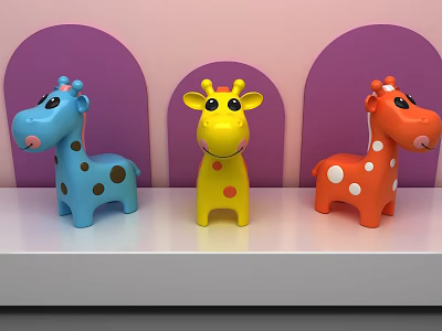 Colorful Giraffe Stuffed Toys With Spots On White Shelf Against Pink Wall Purple Arches 3d model