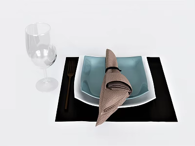 Elegant Tableware Set with Square Blue Plate Brown Napkin Black Placemat Wine Glass and Fork 3d model