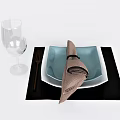 Elegant Tableware Set with Square Blue Plate Brown Napkin Black Placemat Wine Glass and Fork