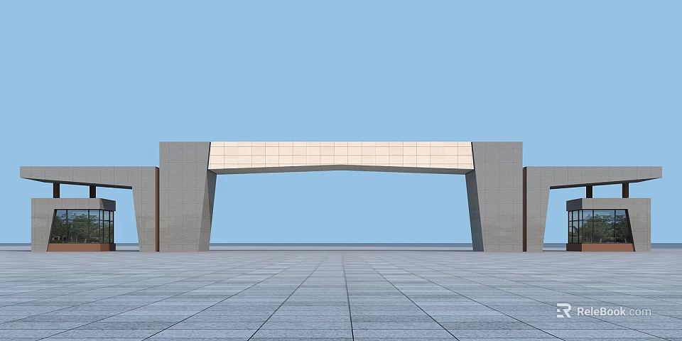 Modern Gray Stone Entrance Gate With Arched Design And Glass Panel Over Plaza 3d model 