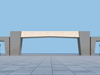 Modern Gray Stone Entrance Gate With Arched Design And Glass Panel Over Plaza 3d model