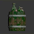 Vintage Wooden Barrel with Green Moss and White Hoops and Small Bottles on Top
