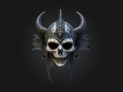Intricate Horned Skull Helmet Featuring Decorative Engravings And Mythical Details 3d model