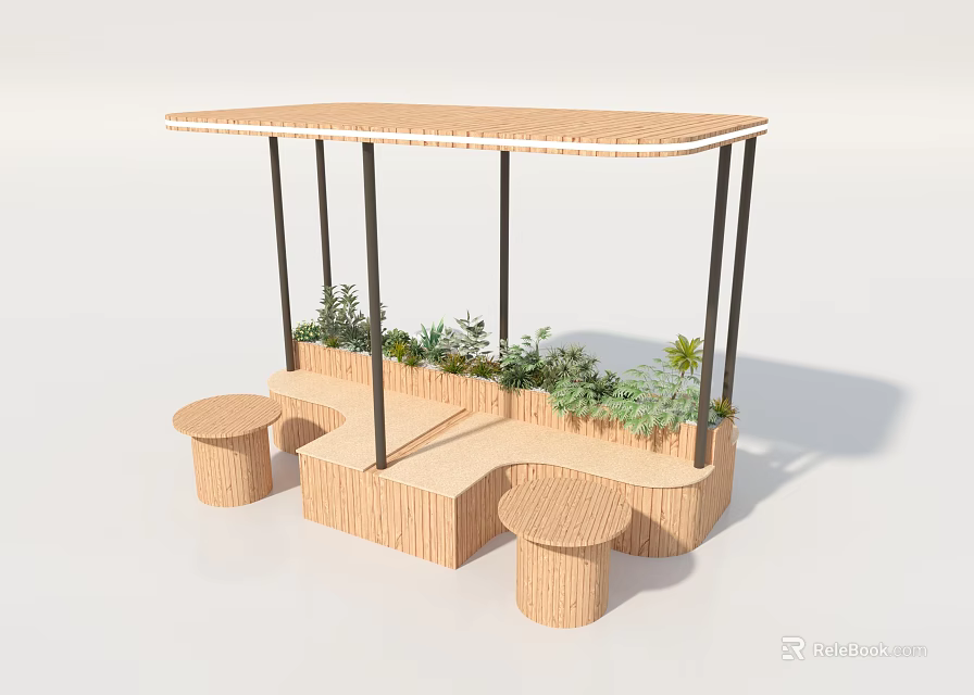 Wooden Outdoor Table with Top Canopy Green Plants and Round Stools Design 3d model 
