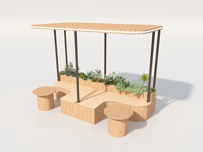 Wooden Outdoor Table with Top Canopy Green Plants and Round Stools Design 3d model