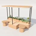 Wooden Outdoor Table with Top Canopy Green Plants and Round Stools Design