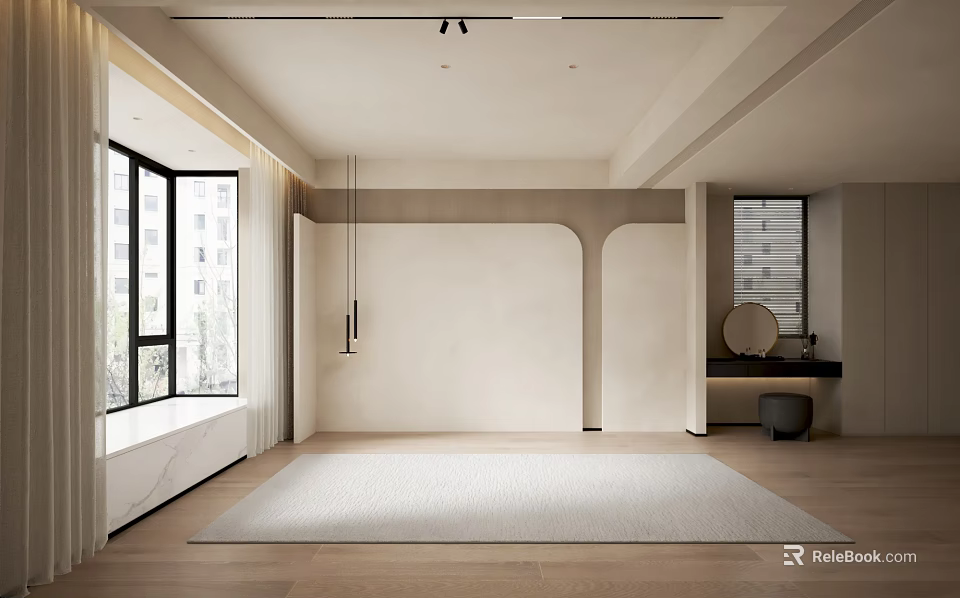 Modern Minimalist Bedroom Accent Wall With Curved Design Wooden Flooring And Floor To Ceiling Windows 3d model 