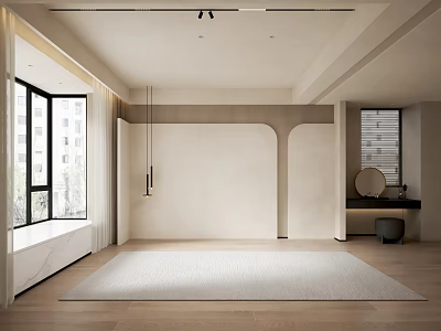 Modern Minimalist Bedroom Accent Wall With Curved Design Wooden Flooring And Floor To Ceiling Windows 3d model