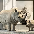 Adult and Baby Rhinoceros Decor In Modern Interior With Marble Wall And Art Painting